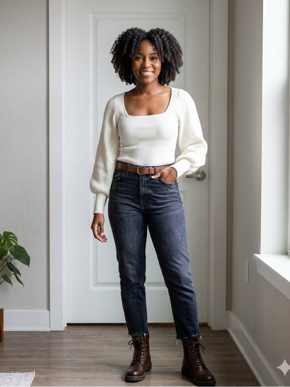 Forever 21 Cream Square Neck Puff-Sleeve Knit Top